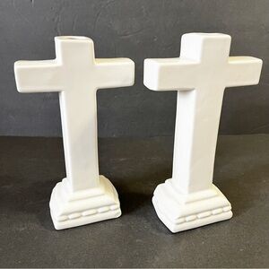 Haeger White Porcelain Cross Taper Candle Holder Baptism Wedding Confirmation
